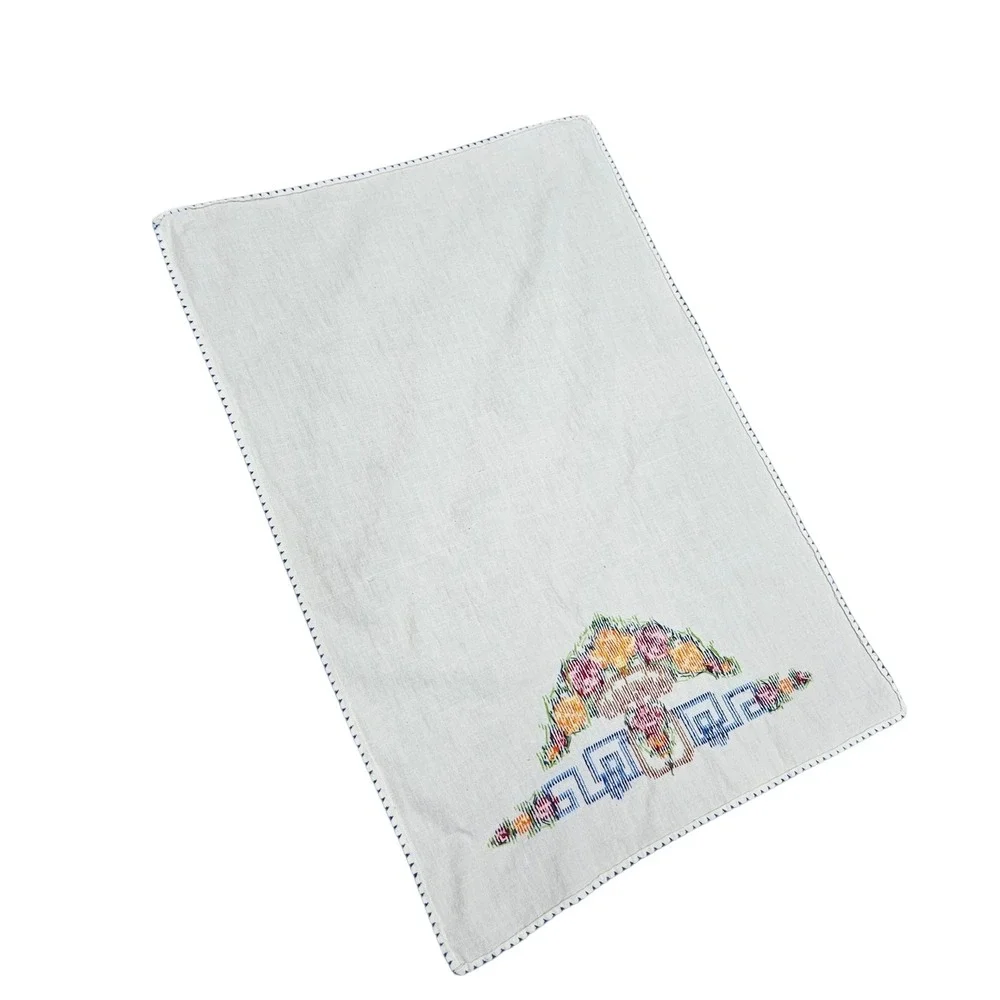 Vintage Cross Stitch Embroidered Floral Linen‎ Tea Towel Asian Cottagecore